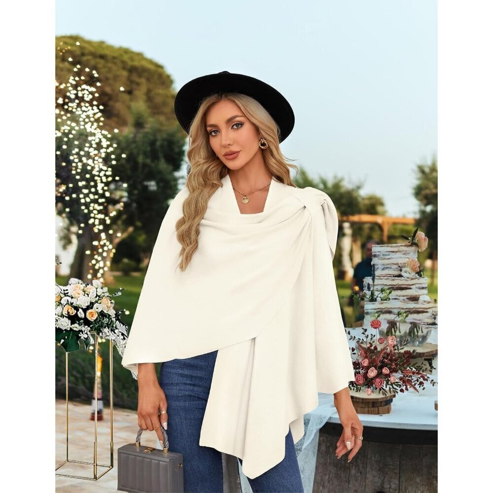 Women's 1-ivory Cross Front Poncho Sweater Wrap Knitted Elegant Shawls Cape - Picture 2 of 6